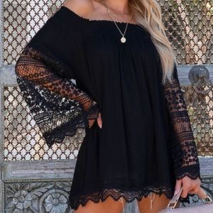 . Vici Black Boho Off The Shoulder Crochet Bell Sleeve Tunic